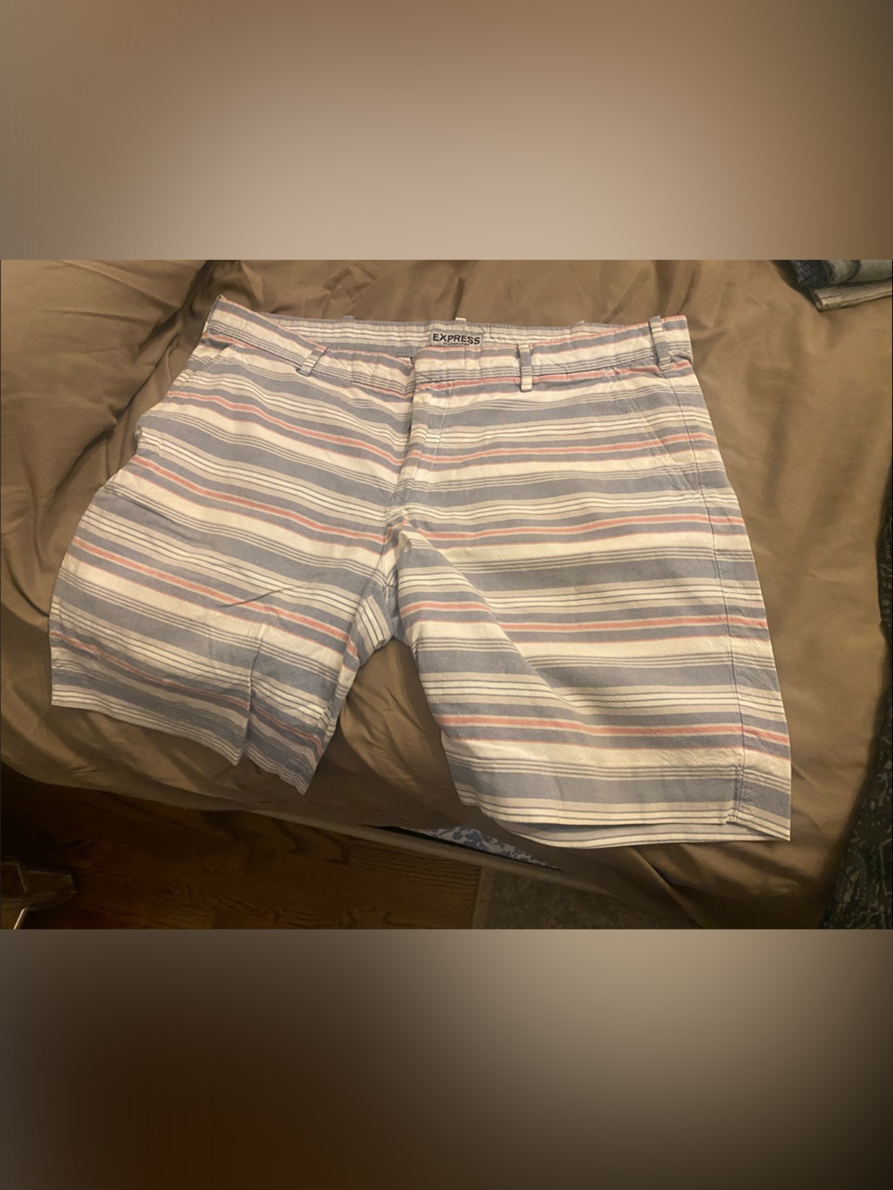 Express Men's Striped Flat Front Shorts in White, Blue & Pink